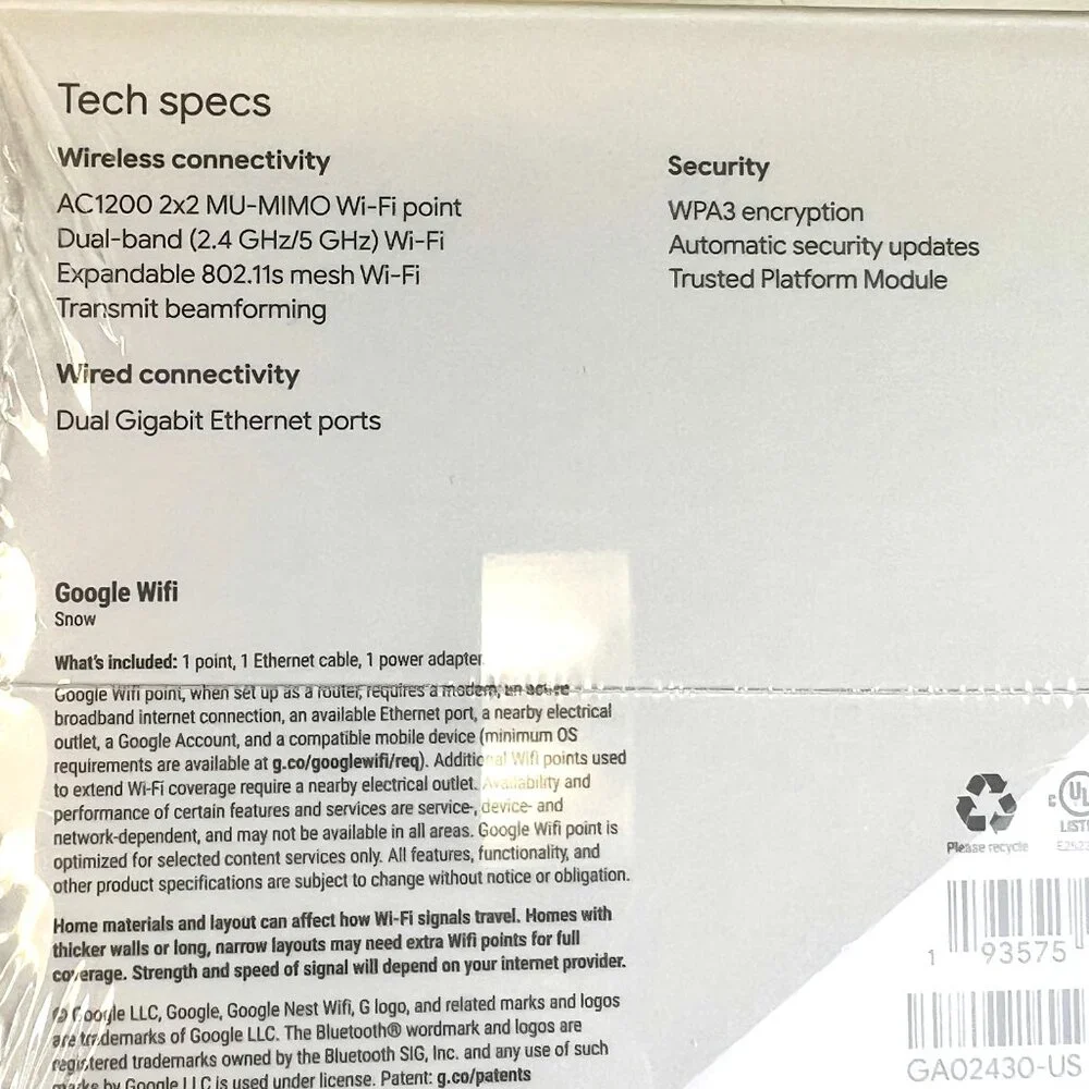 Google WiFi Point AC1200 2.4 GHz Router GA02430-US Wi-Fi Snow White Sealed NEW